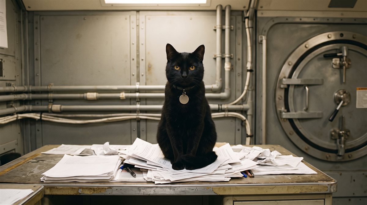 Agent Barsik, a black cat seated squarely on an untidy stack of paperwork on a steel desk, a plain metal disc on his collar, looking directly at the viewer with complete composure; behind him the matte panelled bulkhead of a space habitat with pipework along it and a closed circular pressure hatch.
