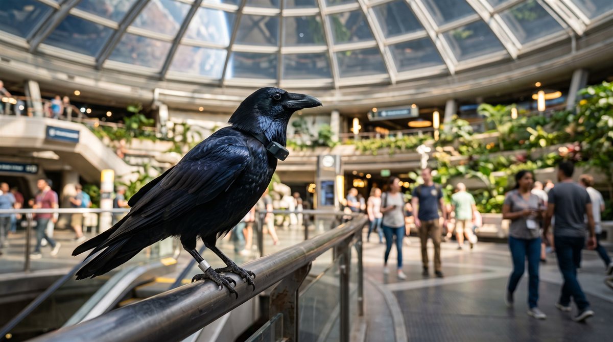 Alala, a raven with blue-black iridescent plumage, perched on a metal handrail in a bright habitat concourse under a great glass dome, head turned, a slim collar fitting at the back of her neck. Crowds and green planting fill the concourse behind her, out of focus.