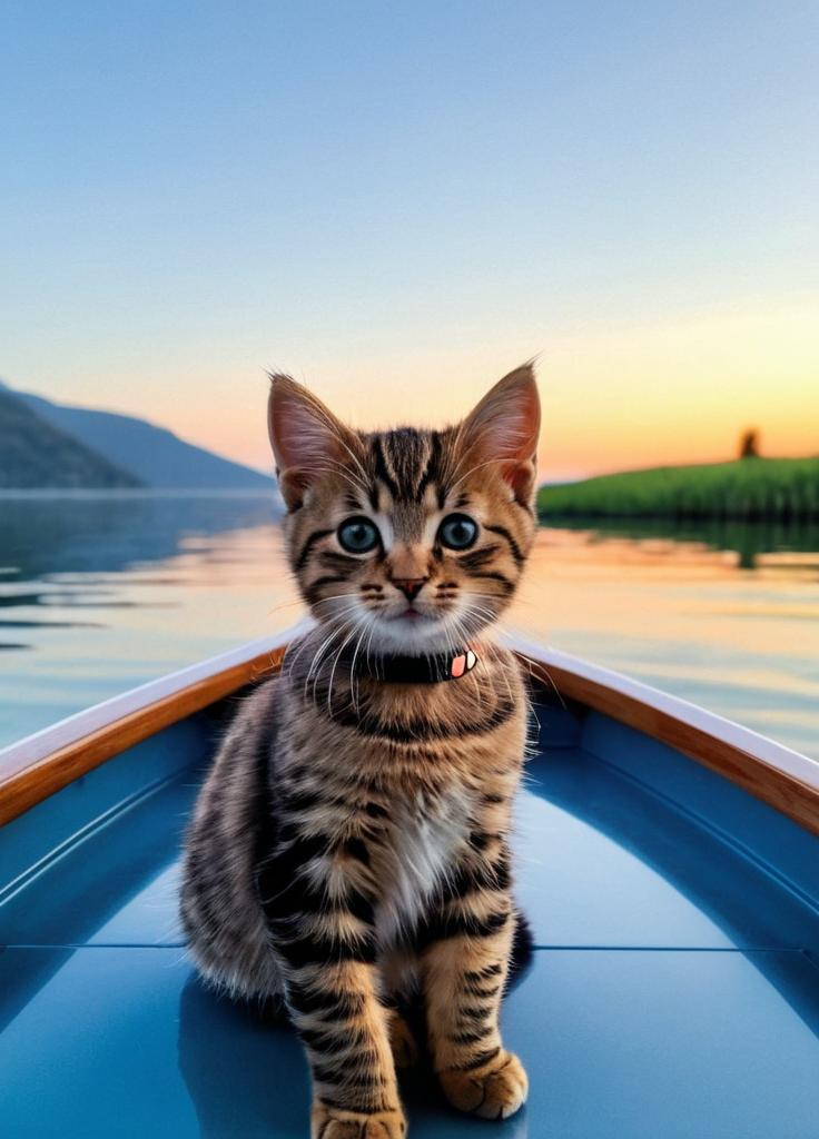 A tabby kitten with a black collar sitting in the bow of a boat at sunset, water and a green shoreline behind it.