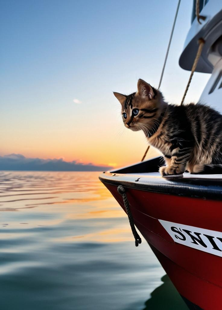 A tabby kitten perched on the stern of a red boat, looking out over the water at sunset.