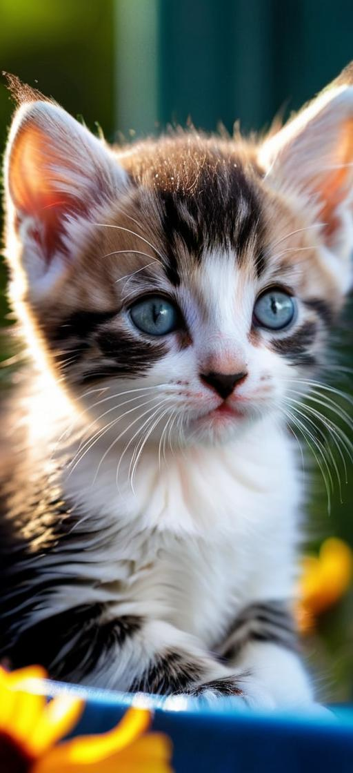 Close-up portrait of a tabby-and-white kitten with blue eyes among yellow flowers.