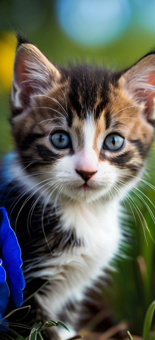 Close-up portrait of a tabby-and-white kitten with blue eyes beside a blue flower.