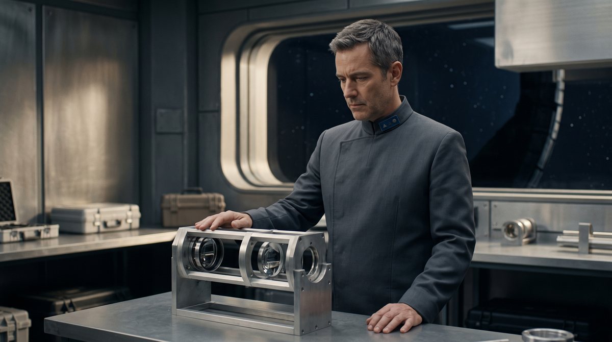 Andrew Falkorian, a man in his late forties with greying hair, in plain grey Star Rangers service dress with a small tab at the collar, standing at a steel bench with one hand resting on a part-built instrument, a bare alloy frame with its optics cradled and no housing yet. A wide dark viewport onto stars lies behind him; the section is spare and evenly lit.