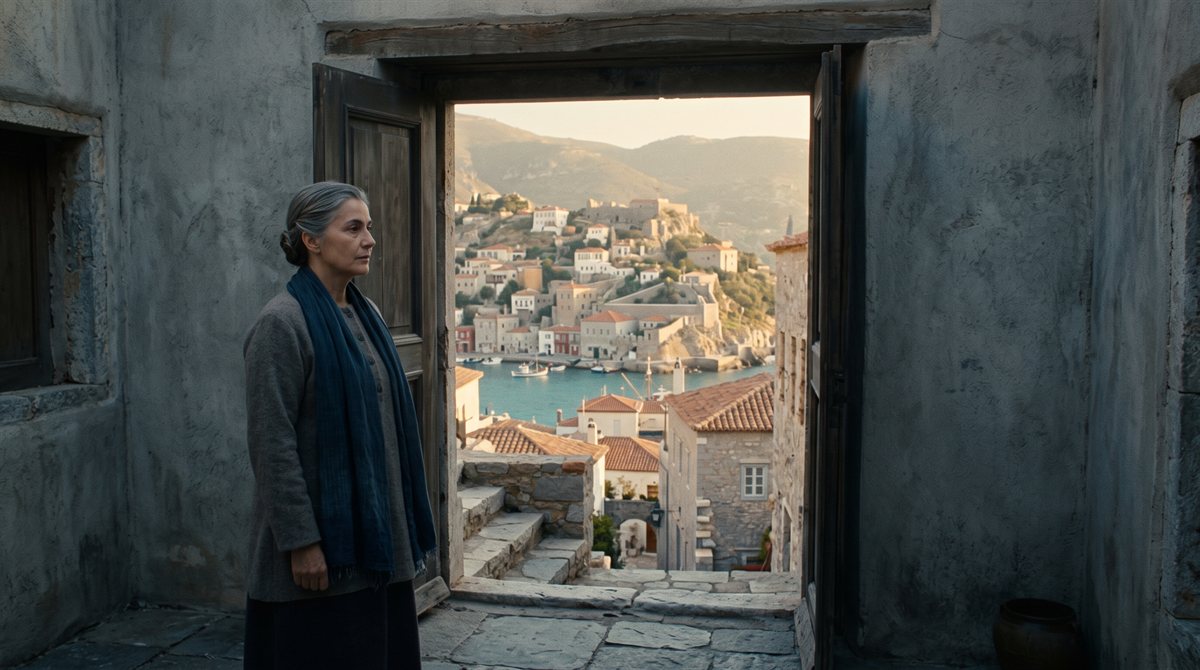 Anne de Courtney, a woman in her fifties with grey hair and a dark blue scarf, standing inside a plain cool stone room and looking out through an open doorway at a harbour town of tiled roofs and terraced hills in warm afternoon light. She has not stepped toward it.