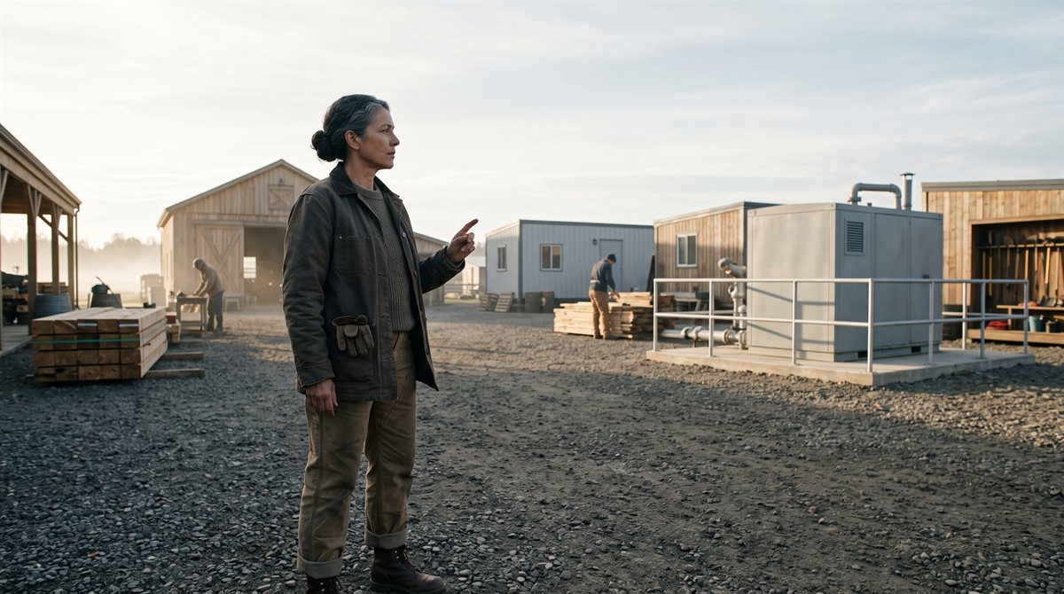 Anne Wender, a woman in her early fifties with dark hair greying at the temples and tied back, in a canvas work coat, standing in the gravel yard of a young frontier settlement among timber buildings, stacked lumber and grey equipment units. She is turned three-quarters away, pointing across the site as she takes a count; two workers and early mist lie beyond.