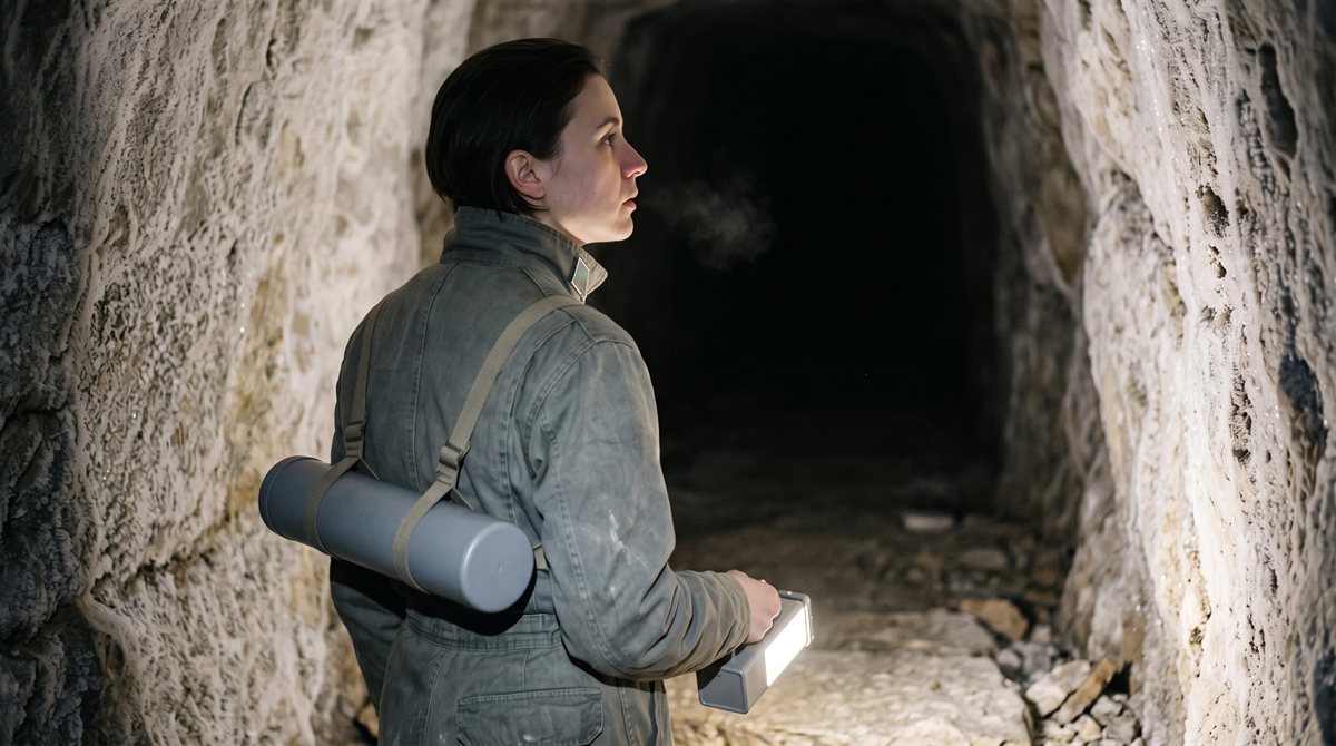Aravena, a slight surveyor in a grey-green field coverall with a single pale tab at the collar, seen from beside and behind in a narrow frost-crusted rock passage, the relay unit strapped across the back, a hand lamp held low with its beam on the floor, face turned toward the dark end of the passage, breath faintly visible in the cold.