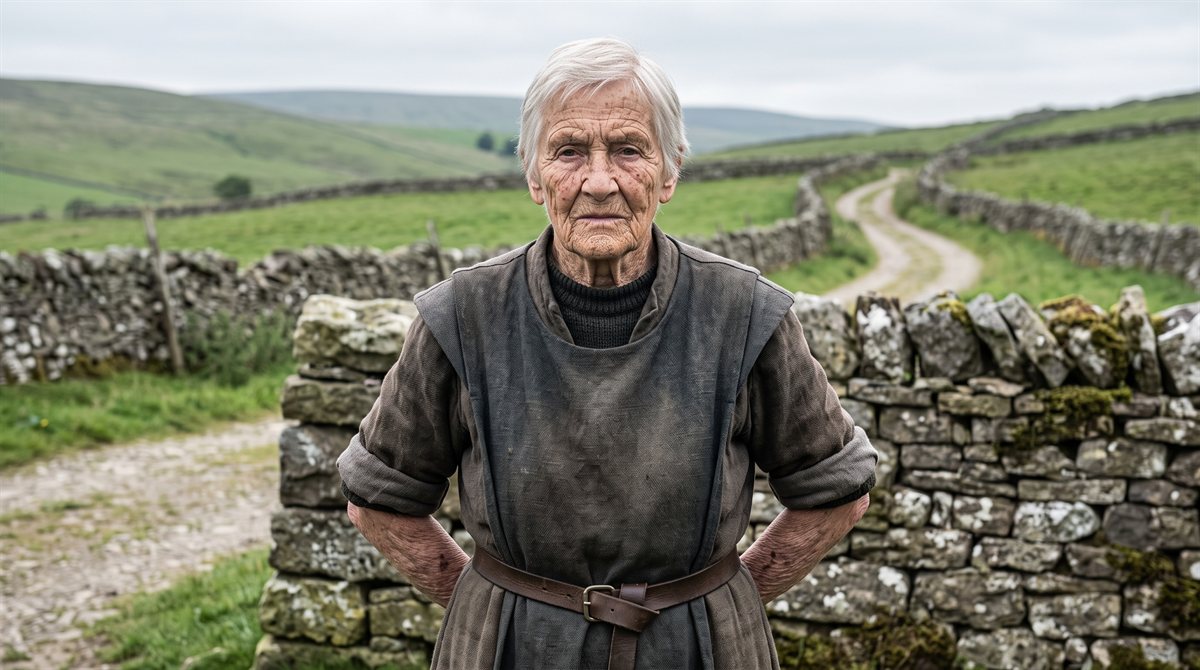 Asteria Wessex in her hundreds — a broad-shouldered white-haired woman, face deeply creased and spotted with age, in the plain belted working robe of a contemplative order with sleeves pushed back over strong forearms, hands set on her hips before a dry-stone wall, a walled lane winding into green hills behind her.