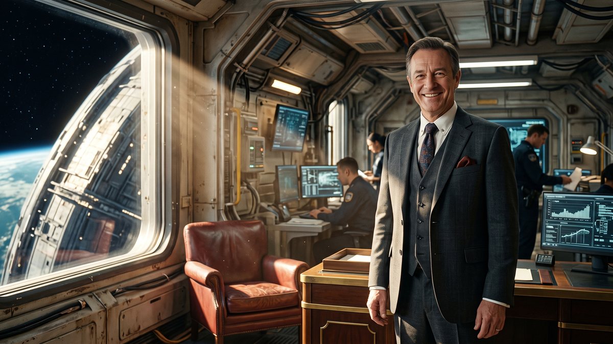 Detective Inspector Bertram Ashcombe in the station constabulary office, an older man in an immaculate three-piece suit with a pocket square, standing at ease beside his desk and smiling toward the viewer. Colleagues work at lit displays behind him, a worn leather armchair stands to one side, and a tall window at the left looks out past the station's structure to the planet below.