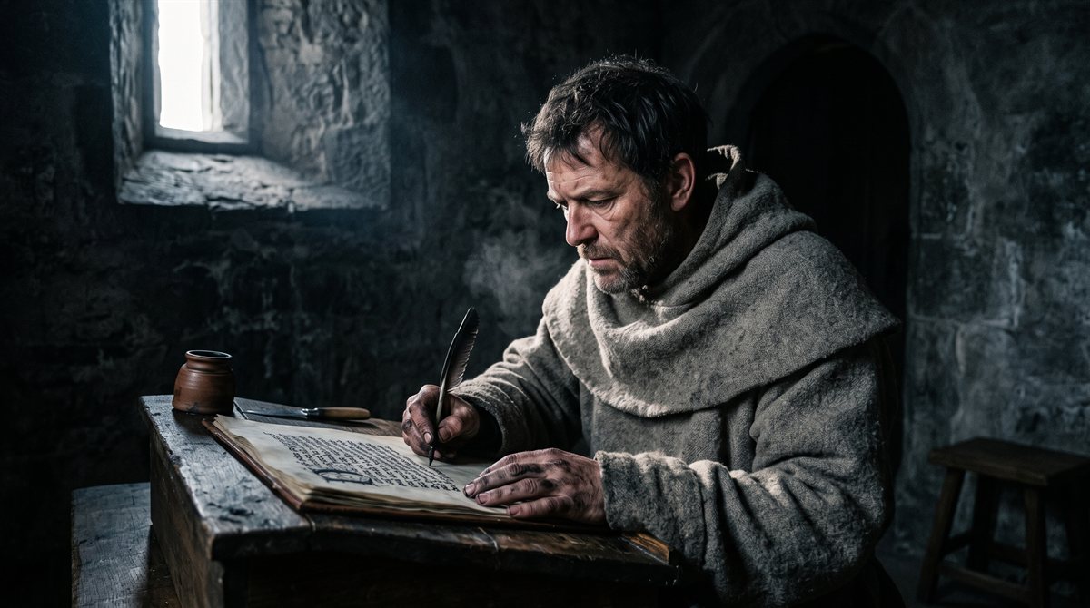 Brother Daire at work in a stone cell, a monastic scribe in a coarse undyed habit and hood, bent over a sloped desk with a quill in hand. An ink pot and a knife sit beside a vellum leaf already half-covered in close script; light falls from a narrow window onto the page.