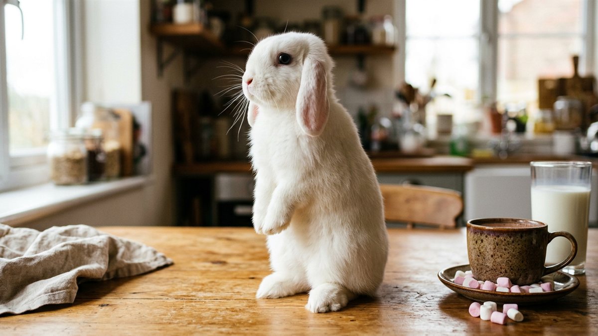 Bubochka standing bolt upright on her hind legs on a kitchen table, lop ears hanging flat against her head, watching something off-frame, with the mug and scattered marshmallows beside her