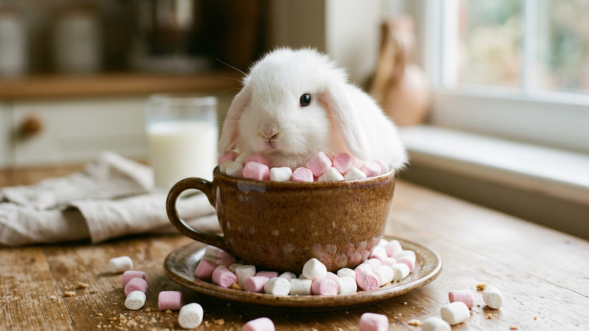 Bubochka, a fluffy white rabbit, sitting inside a large brown mug filled with pink and white marshmallows, surrounded by more marshmallows on the plate below.
