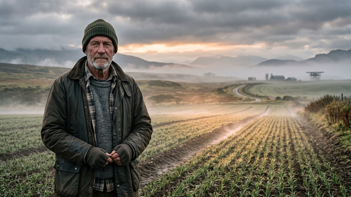 Cormac Dubhghlas at the edge of his own crop rows at first light, a lean, grey-bearded man in a worn waxed jacket and knitted cap, hands clasped in front of him, standing entirely still. Young crop runs away behind him into low mist, the far end of the field lost in haze.