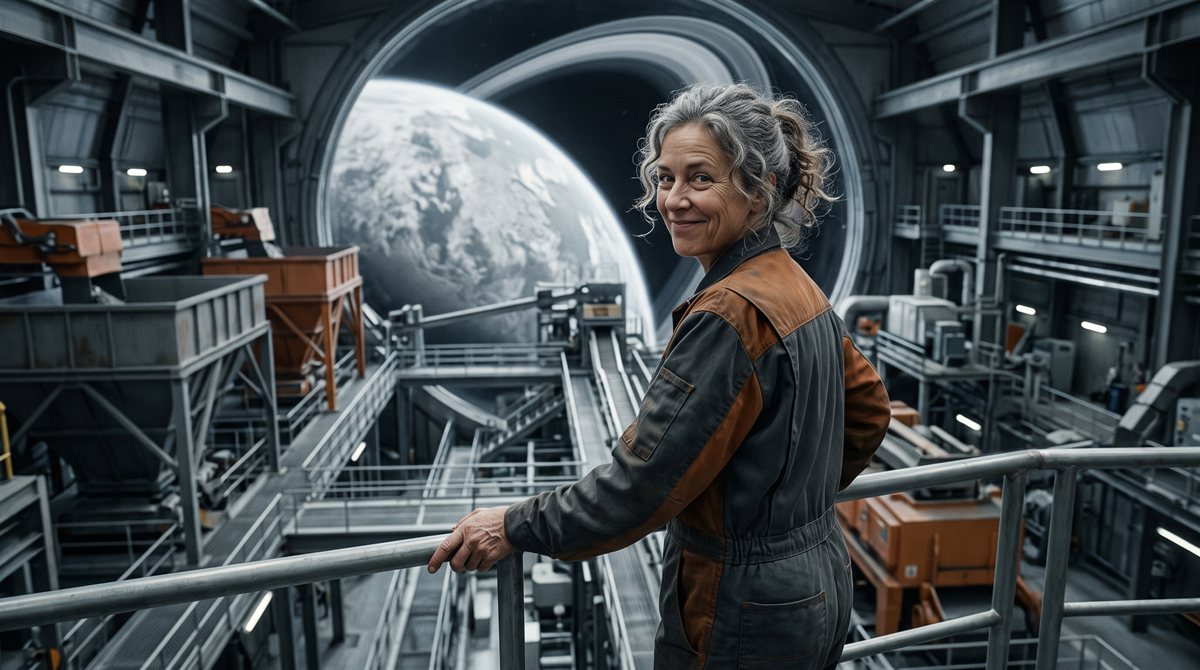 Dagny Voss, a woman in her fifties with grey hair tied back, in grey industrial coveralls with rust-orange panels, one hand on the railing of an overlook gallery, turned back toward the camera with a dry smile. Below and behind her a clean, orderly refinery floor of gantries and hoppers runs away toward a wide port showing a ringed planet and the curve of the world.