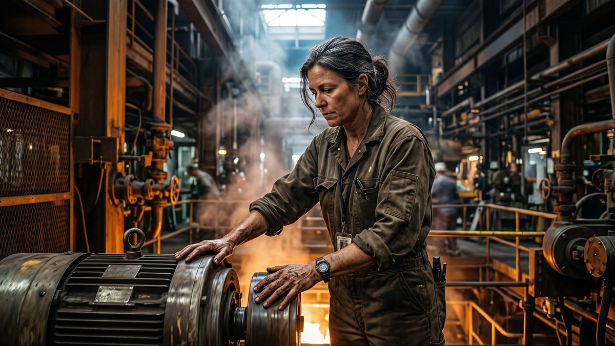 Demelza Trevithick at work in the Ridge Processor machine hall, a woman in middle age in worn engineering coveralls with her hair tied back, both hands on the casing of a large rotating machine, her attention entirely on it. Pipework and gantries rise around her and a furnace throws orange light from the right.