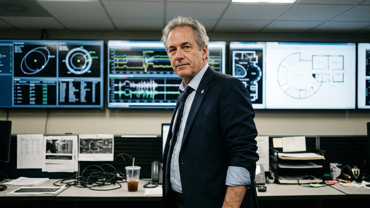 Chief Commissioner Dorian Calloway on a habitat coordination floor, jacket open and one sleeve turned back, half-turned from a bank of wall displays showing orbital ring diagrams, telemetry traces and a schematic floor plan.