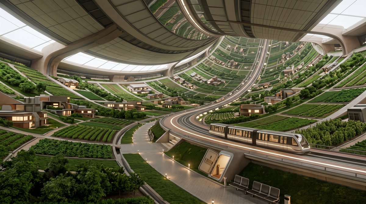The interior of Eden Space Habitat seen along the curve of its ring, the floor rising away in both directions until it closes overhead: green cultivated terraces, low buildings, and the Ring-Rail running lit through the middle distance. Walkway lamps are lit, a hatch stands open with the light on inside, and there is nobody anywhere in the frame. The Warden has no body; this is the nearest thing to one.