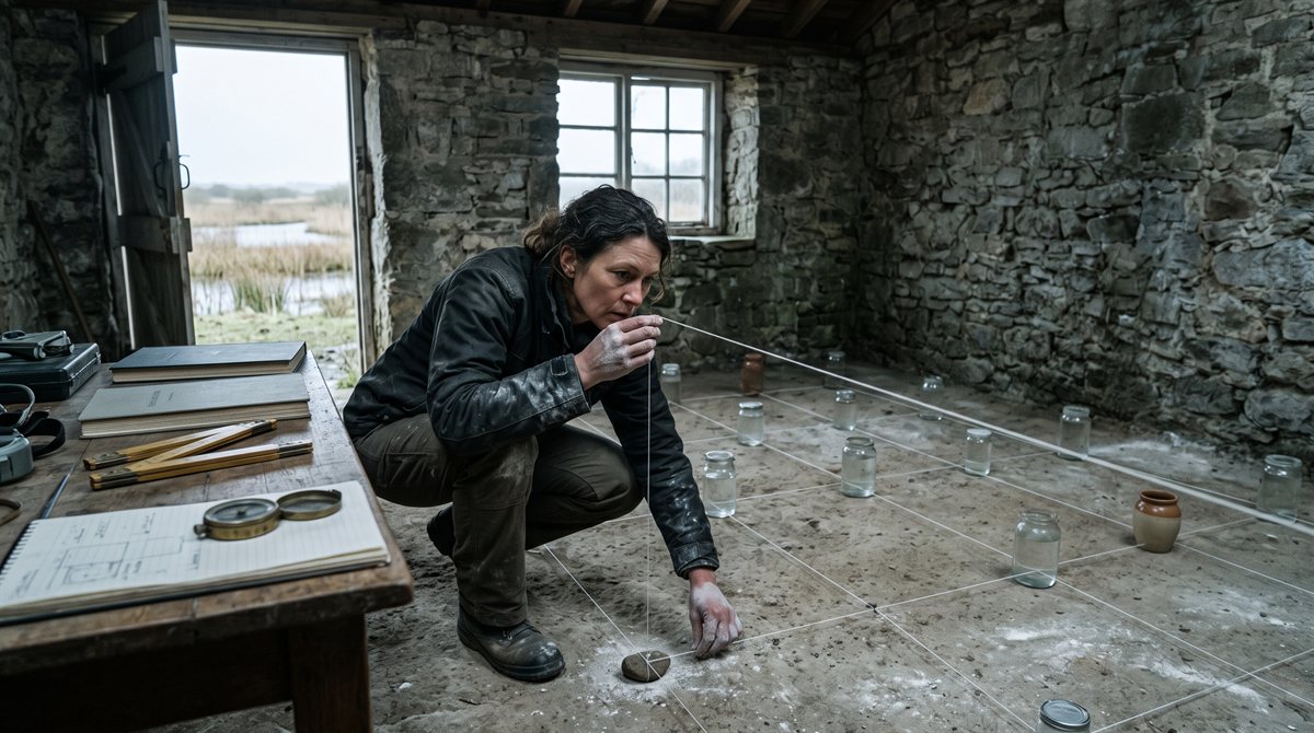Elvira, a woman in her forties in dark working clothes, crouched on a chalk-dusted stone floor holding a thread of a survey grid taut and sighting along it. Small glass and earthenware vessels stand at intervals across the floor; a folding rule and closed record books lie on a table; flat marsh daylight comes through a small window and an open door.