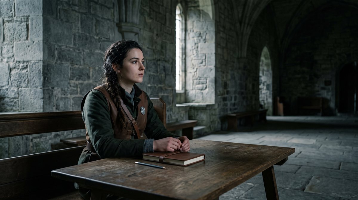 Emma la Chapelle, a young woman with dark hair in a braid, in a green field jacket over a brown leather vest, seated at a plain wooden table in a grey stone hall with her hands still and her head slightly tilted, listening to someone out of frame. A closed notebook and a pencil lie in front of her; cold daylight comes through a tall narrow window.