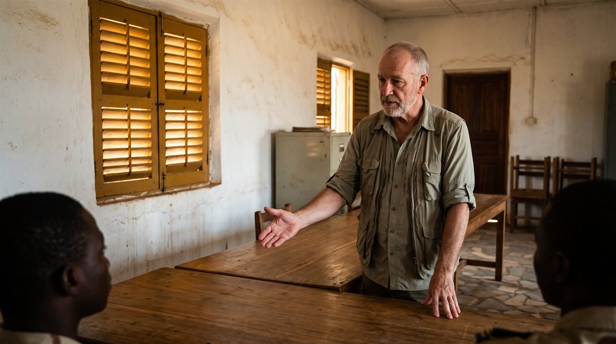 Ernesto Strozzi, a grey-bearded man in his sixties in a khaki shirt, standing at the head of a bare wooden table in a whitewashed room, one hand open as he lays something out. Two listeners are seen from behind in the foreground; warm light falls in bars through wooden shutters.