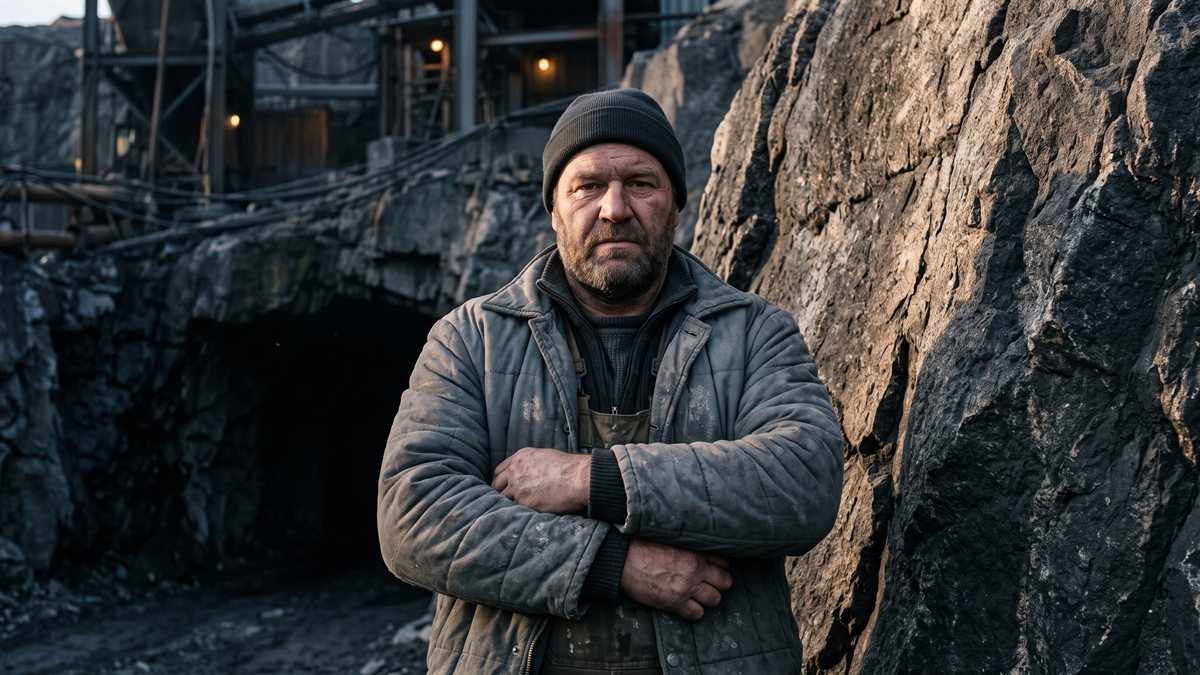 Fergus Aonghas outside the cut of a mine working in the granite highlands, a broad, solidly built man in a scuffed quilted jacket with his arms folded, looking directly at the viewer. Bare rock rises on both sides of the opening behind him and the workings stand on the ridge above.