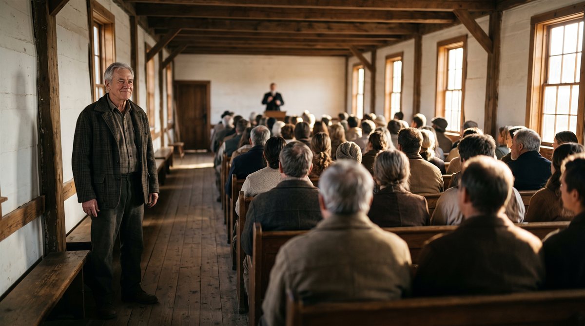 Galen Kane, a grey-haired man in a dark jacket, standing alone at the back corner of a timber-and-whitewash meeting hall full of seated colonists, watching a speaker at the far end. Morning light comes through the tall windows down the length of the room.