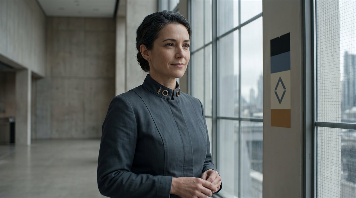 Catherine Galen in a plain grey service uniform with small ring-and-bar collar marks, standing at a tall window in a quiet arrivals hall in soft overcast daylight. Beside her a stencilled plainmark panel carries stacked bands of black, slate-blue, bone-white and ochre around a single lozenge diamond.