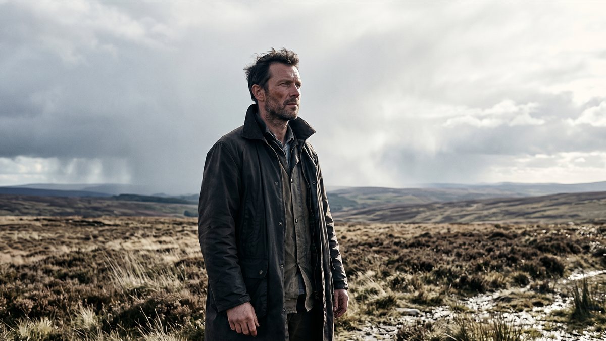Idris Bryneth on open high moor, a lean, wind-burned man in his forties with dark close-cropped hair and several days' stubble, in an oiled storm coat with the collar up, hands empty at his sides, watching something well beyond the frame. A wall of rain crosses the moor behind him with sun still on the near ground.