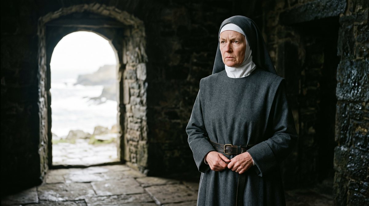 Ilsabet Marrowtide standing composed in the stone passage of her house, in a plain grey habit and white wimple with a worn leather belt, hands loosely clasped. Behind her an open arched doorway shows wet flagstones and grey sea beyond.