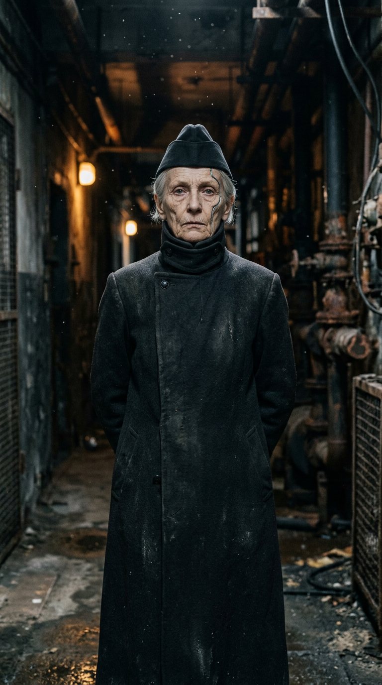 A gaunt elderly officer in an archaic dark greatcoat and garrison cap, collar sealed to the chin, a thin silver seam tracing her temple, standing at attention in a derelict depot corridor