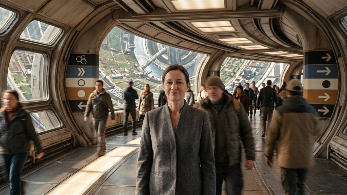 Mayor Imogen Petrakis walking a curved habitat concourse on Eden, a woman in middle age in a plain overcoat, looking toward the viewer while residents move past her in either direction. The corridor's long windows curve overhead and show the habitat's interior landscape beyond.