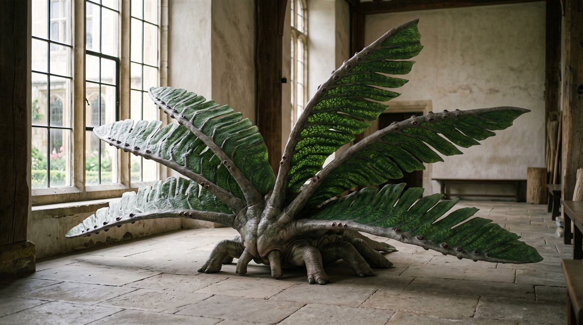 Isren Farrowkin, a Verdani delegate, in a bright stone hall beside a tall window. A low broad body rests close to the floor on many short sturdy limbs, and from it rise several very wide thin fern-like vanes held half-open toward the light, their upper surfaces carrying dense patches of deep chlorophyll green. Rows of small dark sensory nodes run along the leading edges; there is no face.