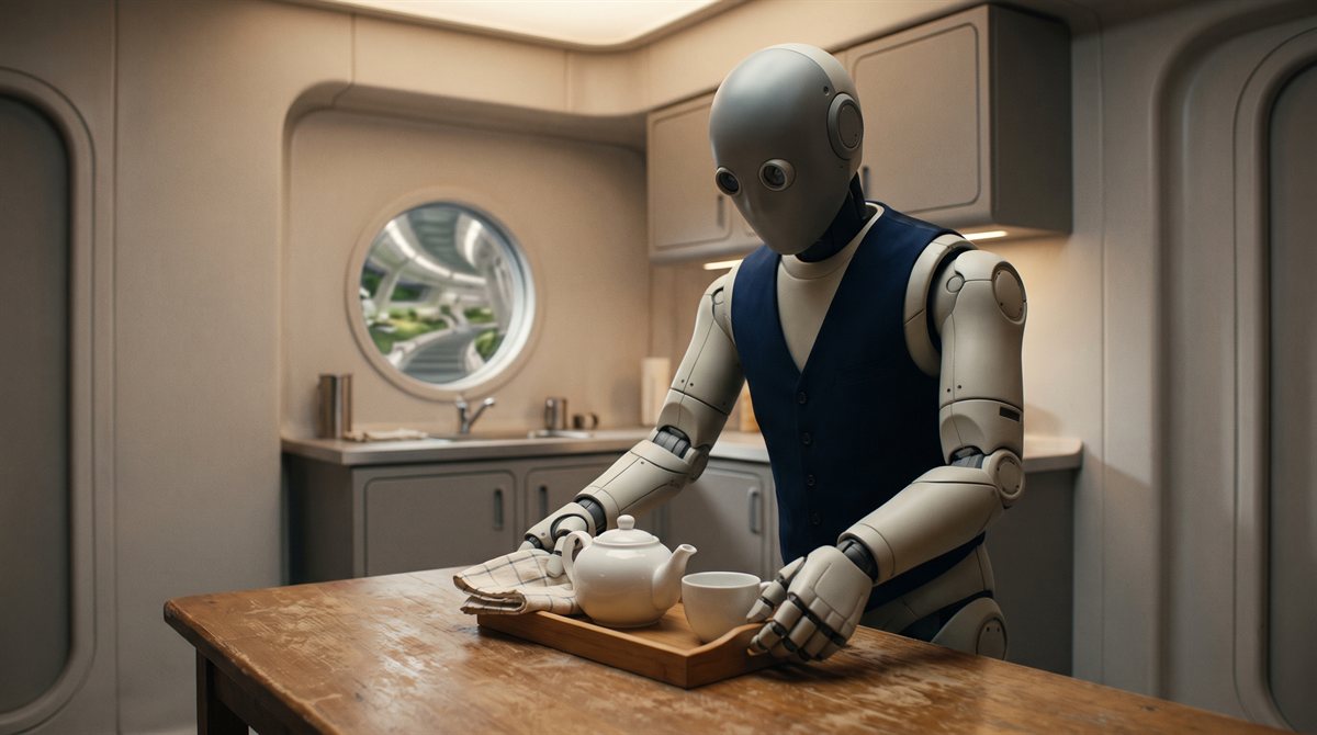 Jeeves — a matte ivory-grey domestic-model frame in a dark waistcoat, plainly jointed, with round dark lens eyes and no mouth — setting down a tea tray on a wooden table in the compact galley kitchen of a habitat apartment, a circular viewport behind him showing Eden's green interior.