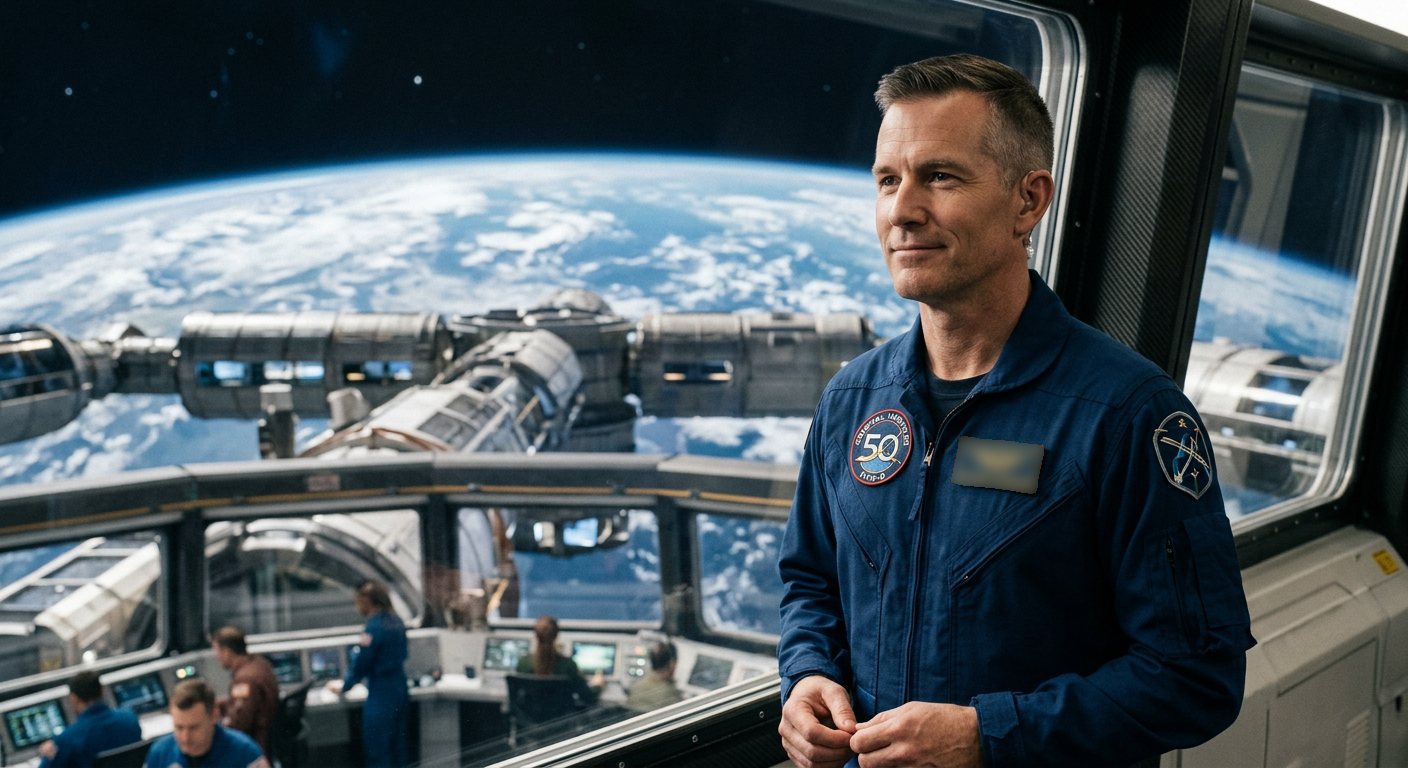 A smiling commander in a navy flight suit standing at an observation-deck window, a modular orbital habitat and Earth behind him, an operations floor busy below