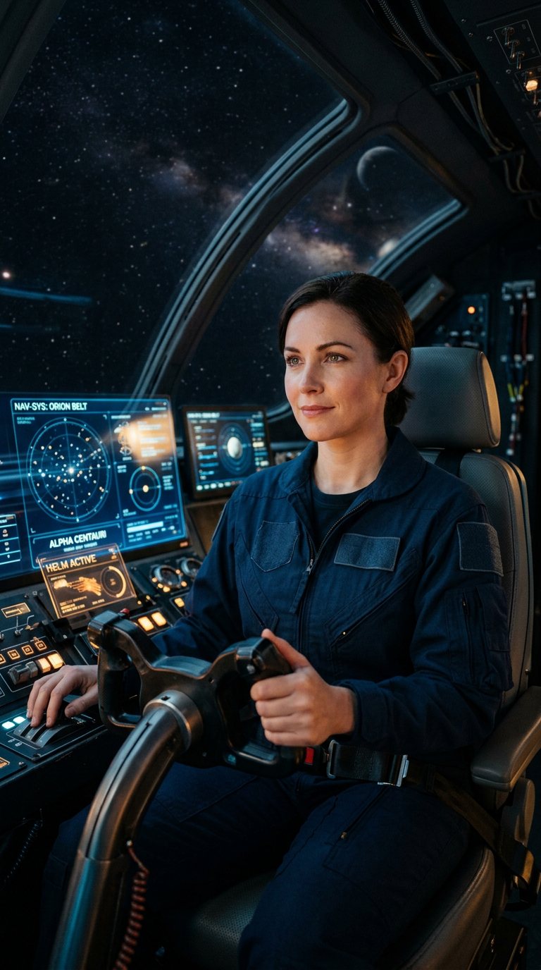 A woman pilot in a navy flight suit seated at a helm station, hands on the control yoke, her face lit by glowing navigation displays, starfield through the canopy behind her