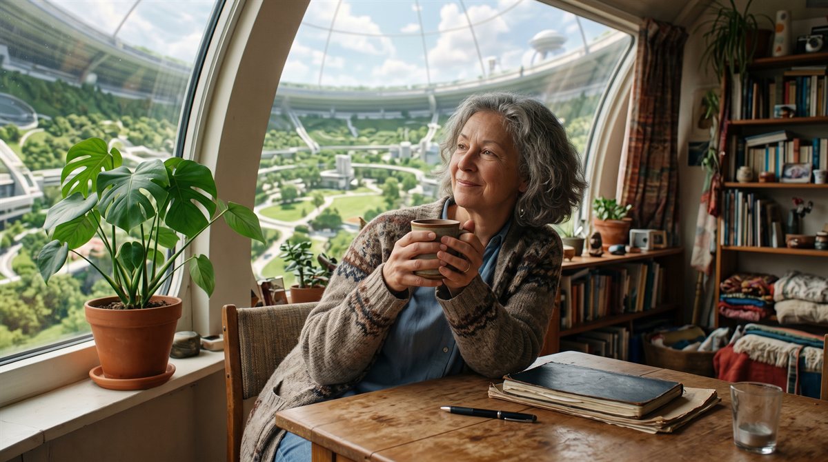 Kate Ukrainka, a woman in her sixties with grey curls in a knitted cardigan, at a small wooden table with both hands round a mug, half-smiling toward the window. A closed notebook and a pen lie by her hand, a potted plant stands on the sill, bookshelves crowd the wall, and the wide window looks onto the green curving interior of an orbital habitat.