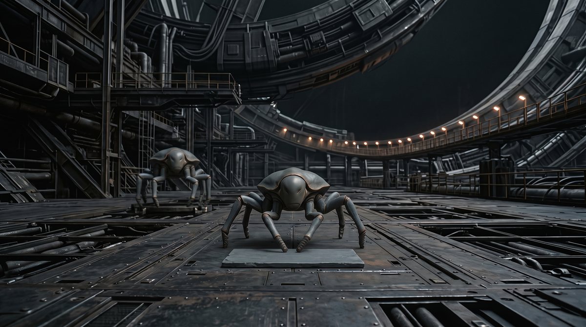 Kattik, a small six-legged Chthonari with a low, segmented slate-grey carapace and a smooth featureless head, standing on bare deck plating beneath a habitat's dock ring with the two forelegs resting on a plain flat slab of dull grey stone laid on the deck. A second Chthonari stands on a mounting bracket behind, out of focus, and a curve of walkway lights comes on around the ring in the distance.