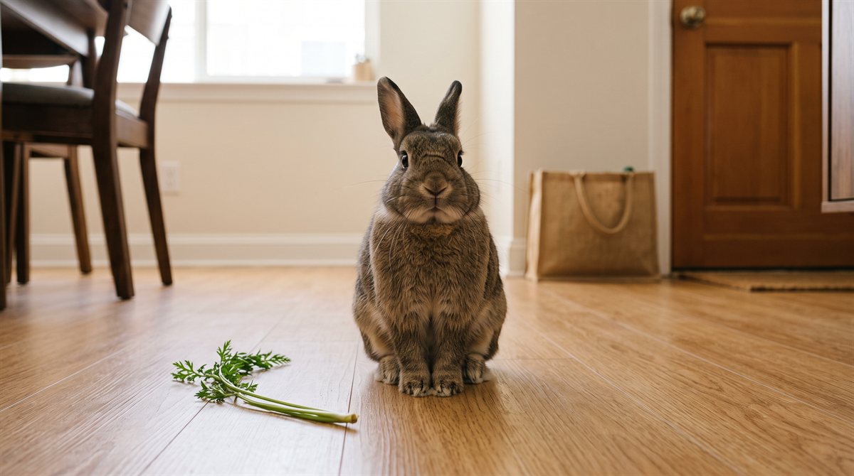 Knopka, a brown domestic rabbit, sitting upright on a pale wooden floor in a tidy apartment and looking straight at the camera, entirely composed. A sprig of carrot tops lies ignored on the floor to one side; a bag stands by the door and a chair leg shows behind.