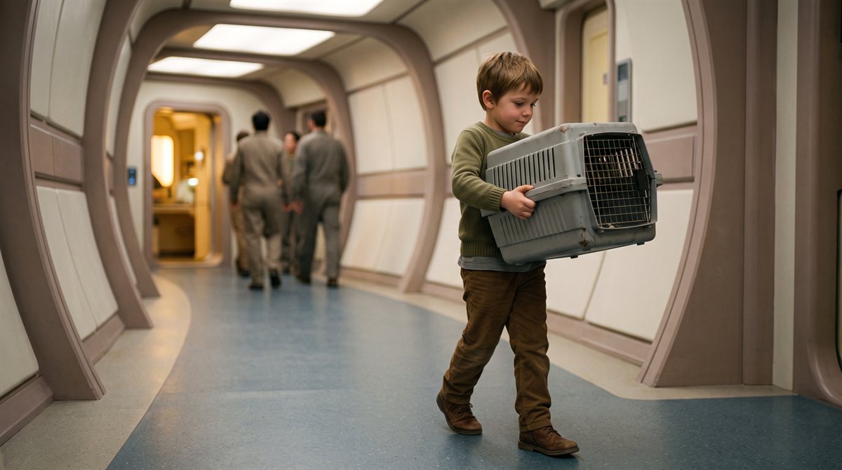 Lev Saunders, a boy of about eight in a plain olive jumper and brown trousers, walking along a pale curving habitat corridor with a grey plastic pet carrier held in both arms, its wire door shut and nothing visible inside, his eyes on the carrier; a few adults in plain work clothes walk away behind him past a lit doorway.