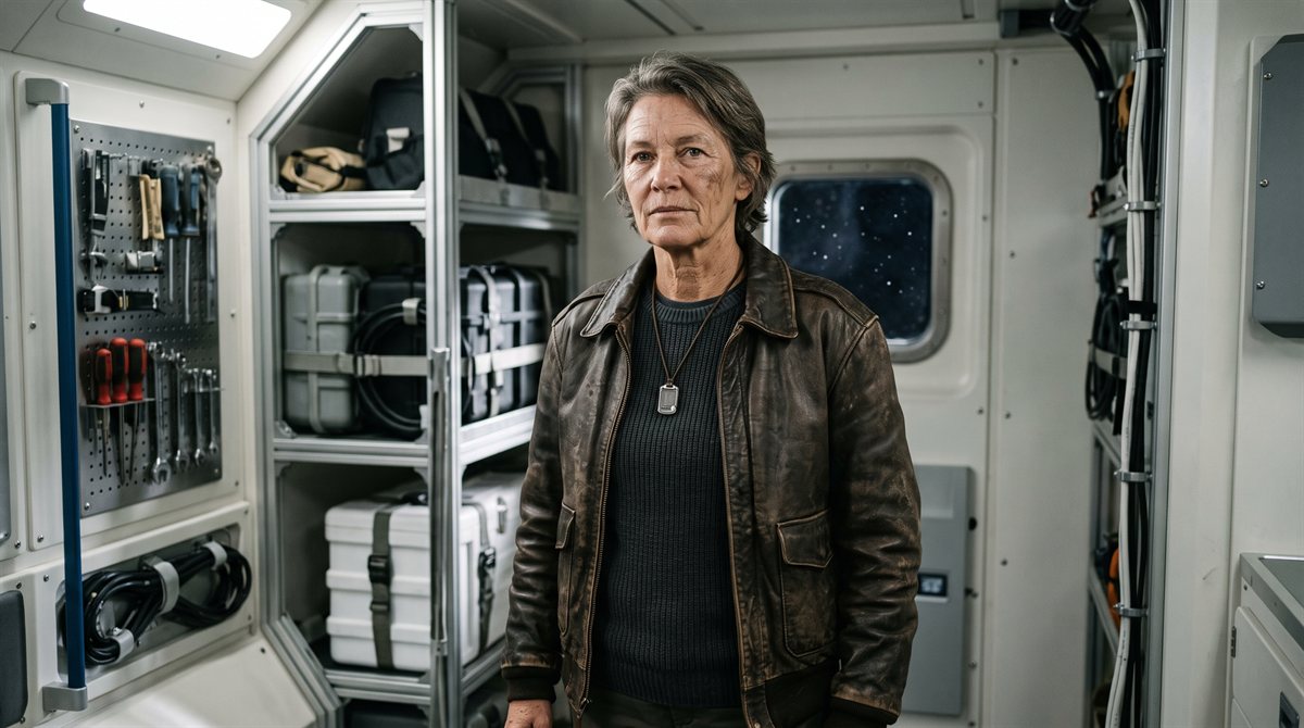 Lorien of Drithane in a worn but intact unmarked leather flight jacket, standing in the compact cabin of her courier ship. Tools hang racked on a board behind her, cases sit stowed and strapped on shelves, cables are coiled and clipped to the bulkhead, and a small viewport shows stars. Everything is spare and meticulously kept.