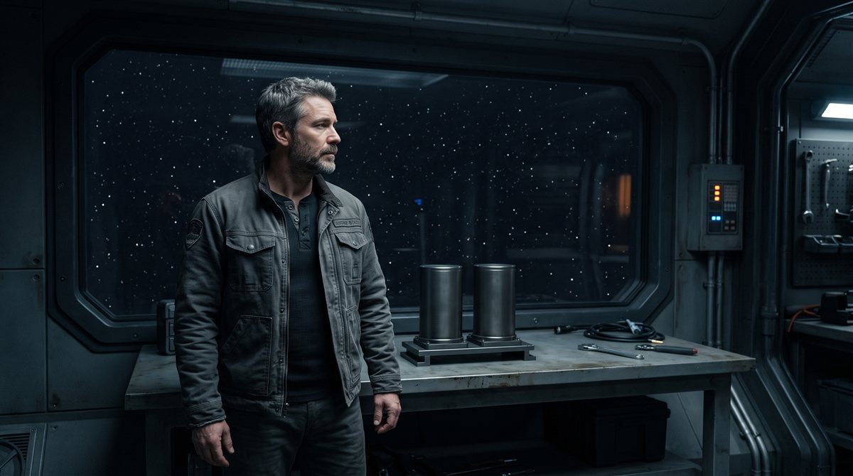 Starwarden Luke Valerius, a man in his forties with dark hair going grey, in a grey jacket, standing beside a wide dark viewport onto an ordinary starfield and looking off to one side. Behind him on a plain bench stand two matched unmarked metal cylinders.