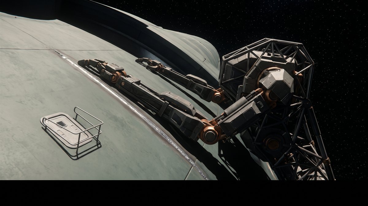 Lumbarian, a vast trussed repair machine of armoured housings and long articulated manipulators, working against the pale curving hull of a starship in open space, one manipulator laid flat and still along the plate. A human-sized hatch with a handrail beside it gives the scale.