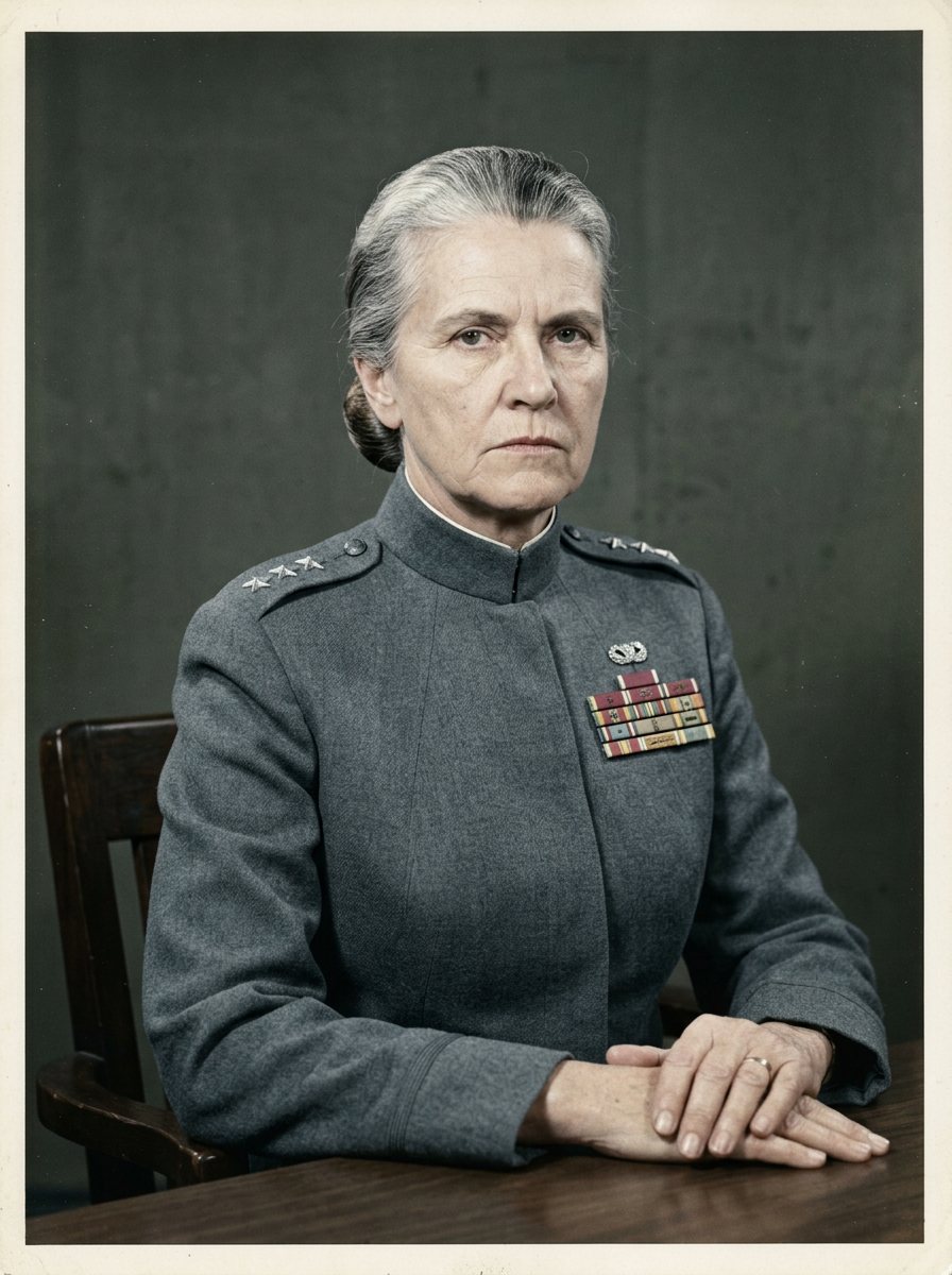An archival official portrait of a stern grey-haired general in an austere high-collared slate uniform, seated with hands folded at a table, against a plain dark backdrop