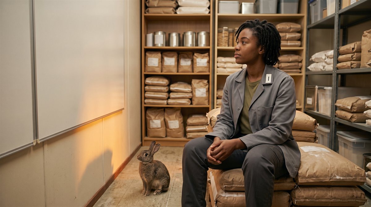 A young Black woman with locs tied back, in a plain grey work jacket with a small white tab bearing one black stroke on the lapel, sits on stacked paper sacks of flour in a warm, tidy dry-stores room, hands loosely clasped, watching a blank pale wall panel to her left. A brown rabbit sits upright on the floor beside her, facing the same wall, where a patch of warm light falls low from an unseen source.