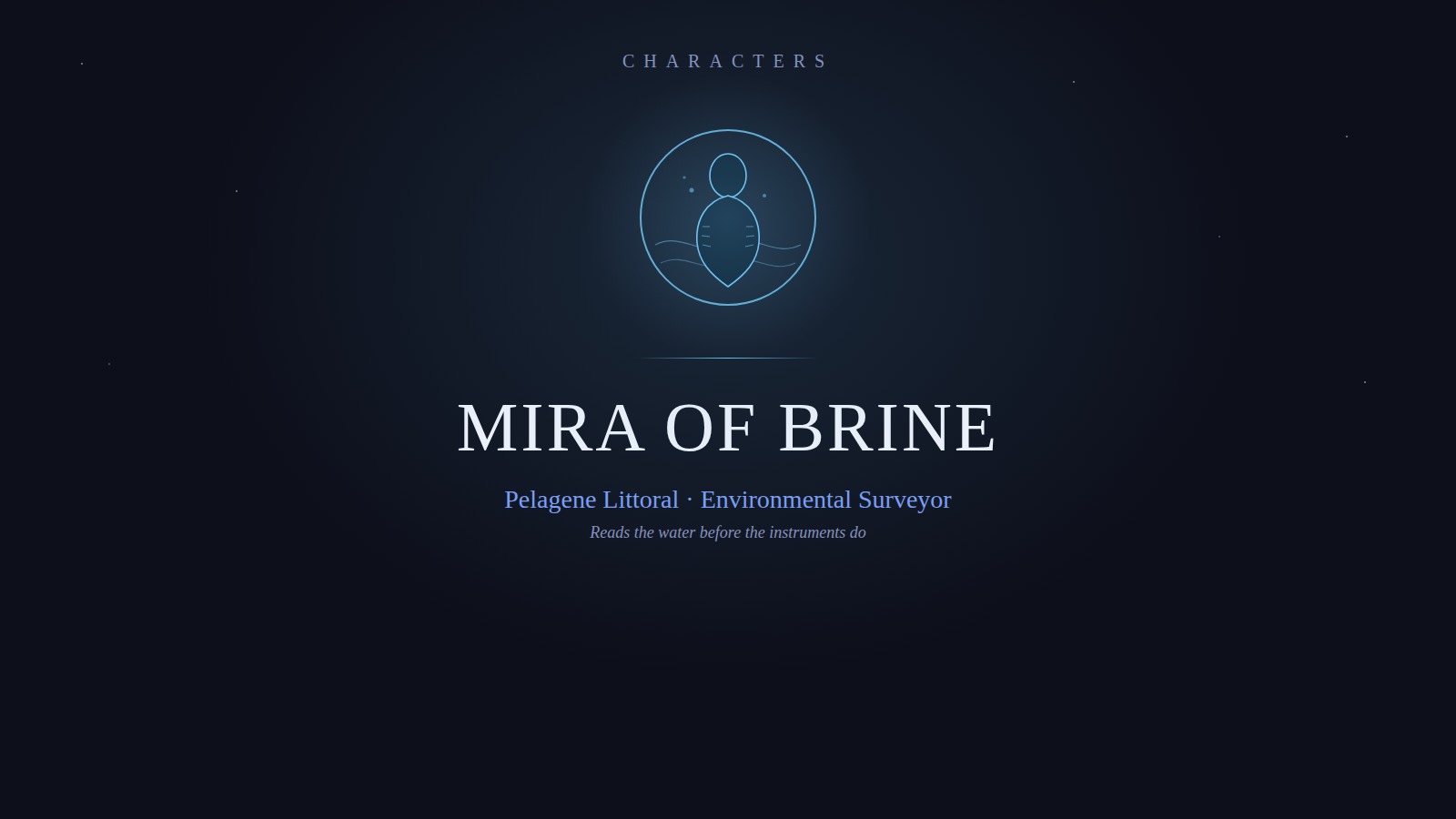 Designed cover for Mira of Brine: a streamlined teal humanoid silhouette with gill-like striations, current lines, and rising bubbles, in a ringed emblem on a dark starfield.