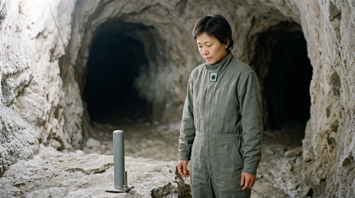 Hesper Nakagawa, in middle age, standing still in a grey-green field coverall with a single pale tab at the collar on the floor of a frost-crusted cavern junction, hands empty at the sides, looking down at the stone; the relay unit stands upright on its base to the left, and two dark passage mouths open behind.