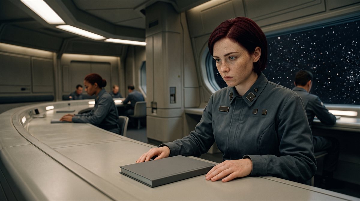 Analyst Naomi Kestrel, a young woman with short dark red hair, green eyes and freckles, at her station in a large analysis bay aboard a space habitat. A long fitted work surface curves away past other analysts at their own stations; a viewport shows starfield. One slim closed matte slate lies flat in front of her, and small geometric marks sit at her collar.