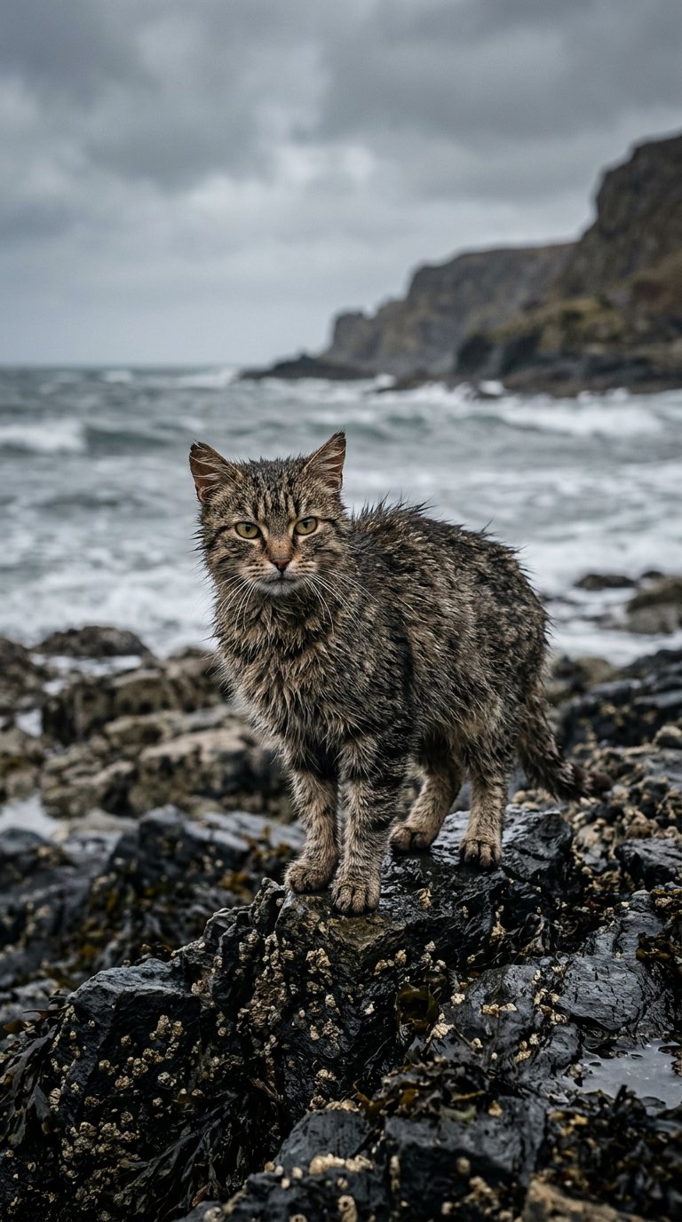 A thin, wind-matted wild tabby cat standing on barnacled black rock at the tideline, surf and grey sea cliffs behind her, staring directly at the camera