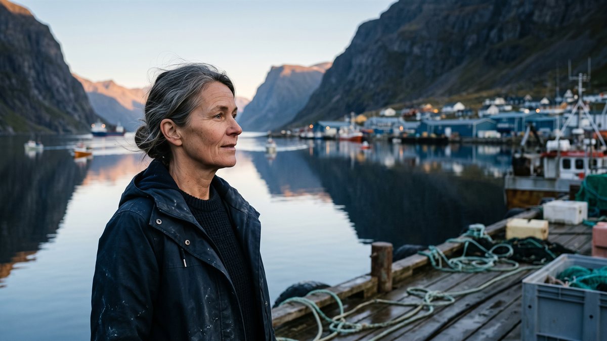 Niamh Ó Ceallaigh on a working fjord quayside, a practical woman in middle age with grey-streaked hair pulled back against the wind, in a waterproof deck coat, looking out across the water rather than at the viewer. Moored boats line the shore behind her and the flat water holds the cliffs upside down.