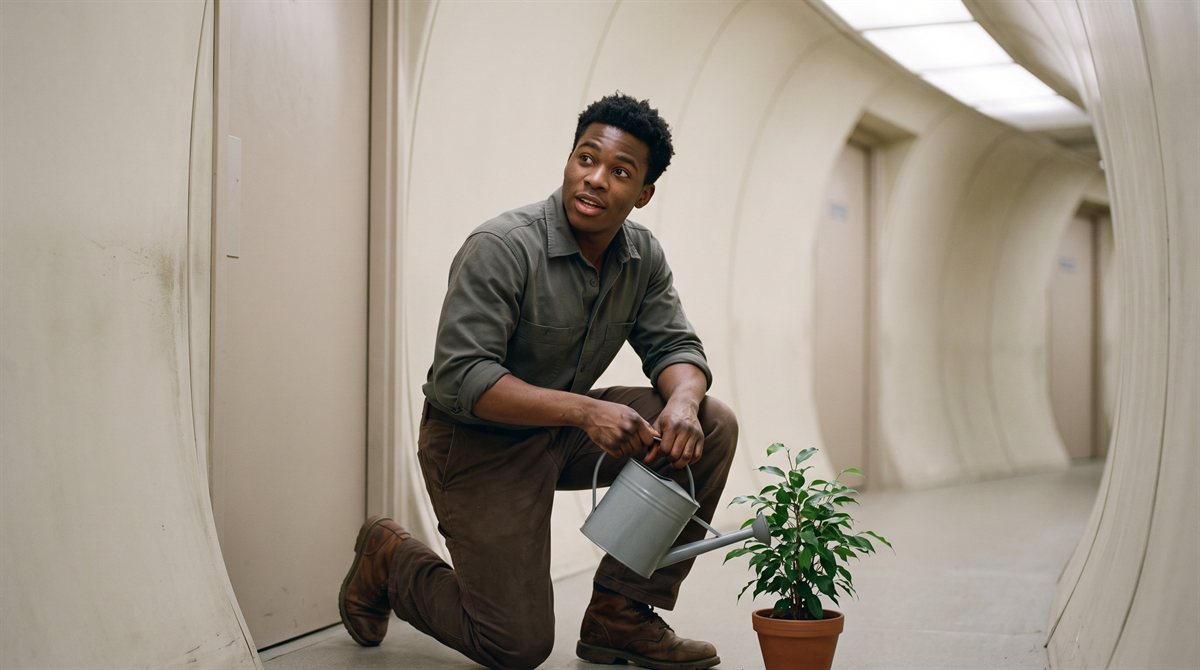 Noah Adeyemi, a young man of nineteen or twenty, crouched on one knee in a pale curving habitat corridor beside a small potted plant standing on the floor, a grey watering can held in both hands, looking up and to one side at someone out of frame, about to speak.