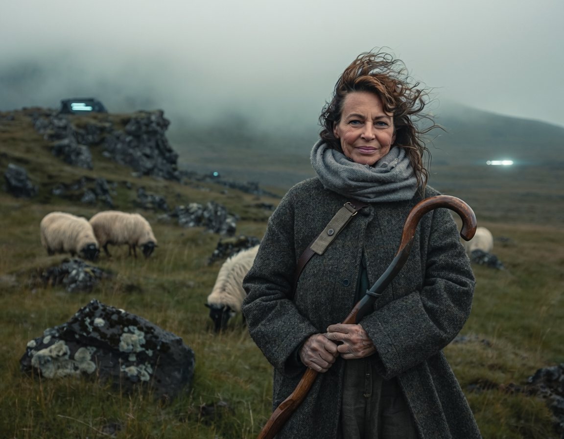 A weathered woman in a grey wool coat and scarf on a misty rocky upland pasture, shepherd's crook in hand, sheep grazing among lichen-covered volcanic stones behind her